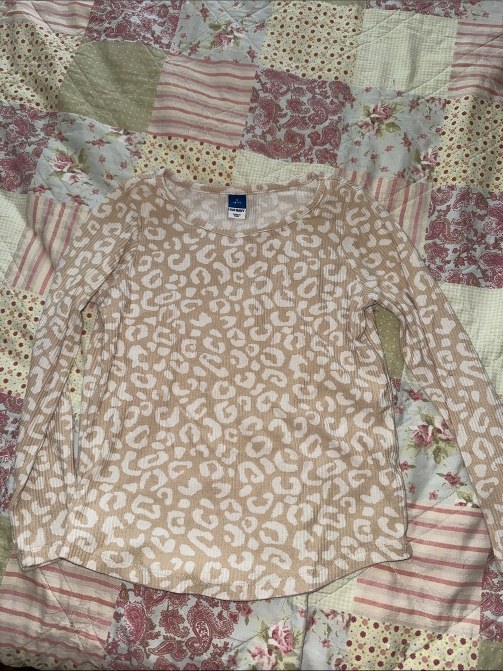 Old Navy Girls Long Sleeve Beige Leopard Print Top